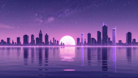 Neon futuristic cityscape with reflecting skyscrapers and starry night sky