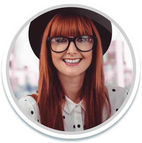 Transparent Smiling Red-Haired Woman in Hat and Glasses