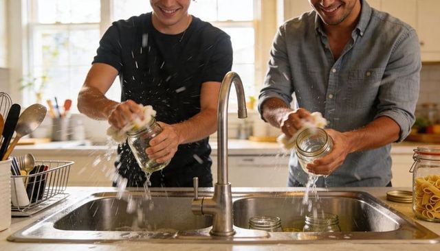 Two men washing mason jars at bright kitchen sink, laughing and sharing household chores