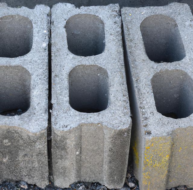 High-resolution close-up view of several concrete cinder blocks, typical materials used in construction projects. Visible textures highlight the rugged nature of these building blocks, making this image ideal for illustrating content on construction, masonry work, building materials, or architectural projects. Could be used in articles, educational materials, or advertisements related to industrial and construction themes.