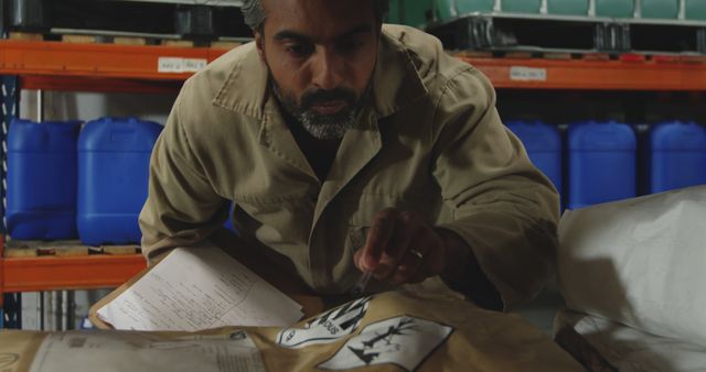 Warehouse worker inspecting hazardous material packages with clipboard - Download Free Stock Images Pikwizard.com