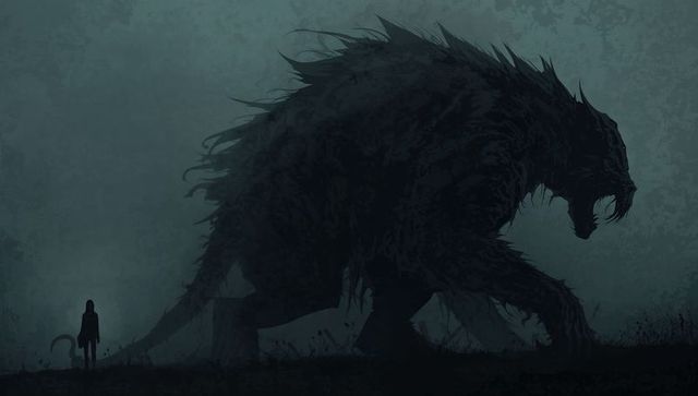 Hooded figure facing giant shadow beast on dusk plain silhouette encounter dark fantasy