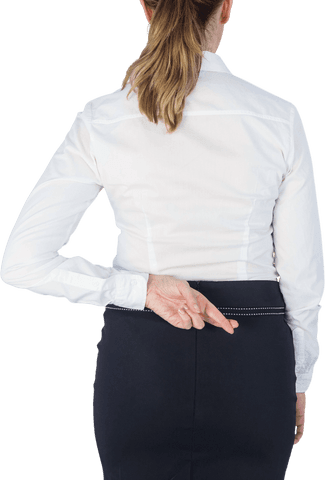 Behind businesswoman's back; hands with transparent fingers crossed gesture