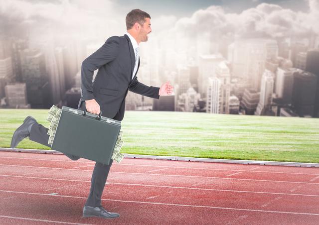 Man in professional attire holding briefcase stuffed with cash while running on red track in front of city skyline. Concept for chasing financial success, business competition, and dynamic economic endeavors. Ideal for business, finance, corporate training, motivational content, and advertising.