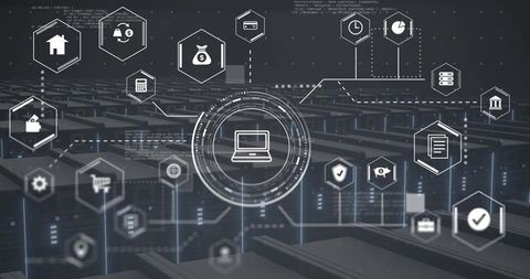 Futuristic data center with network hud overlay, glowing server racks and it infrastructure
