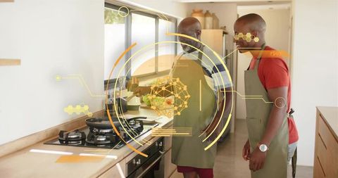 Senior and Adult Men Cooking Together with Futuristic Smart Kitchen HUD Overlay Technology