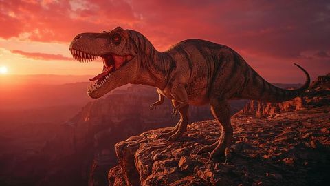 Roaring Tyrannosaurus Rex at Sunset on Rocky Cliff Ledge