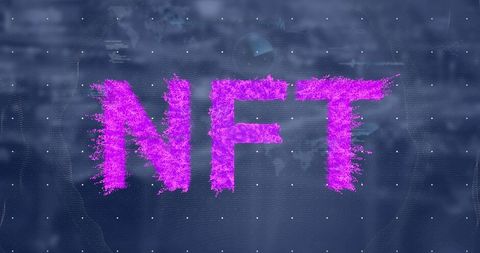 Illuminated NFT Text with Digital Grunge Effect on Abstract Background