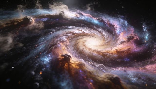 Swirling spiral galaxy with luminous golden core and colorful nebula arms, cosmic vortex