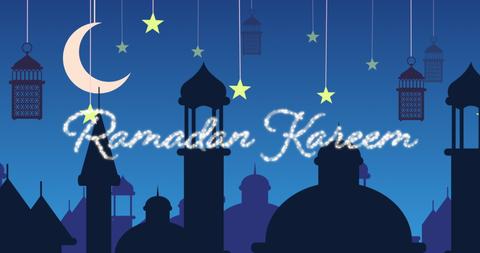 Glittery Ramadan Kareem Greeting with Mosque Silhouettes and Lanterns at Night - Download Free Stock Images Pikwizard.com