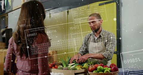Farmers Market Vendor Sorting Fresh Produce with Augmented Reality Data Overlay