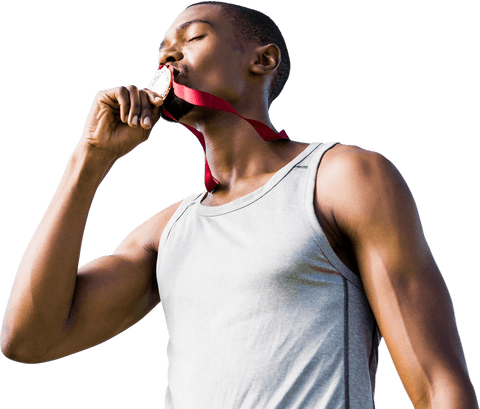 Transparent Biracial Athlete Kissing Gold Medal Outdoors