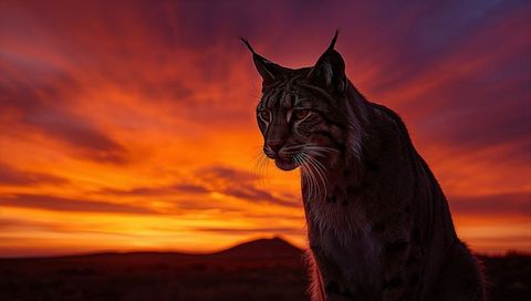 Eurasian Lynx Prowling Steppe at Fiery Sunset with Silhouette Hill and Dramatic Sky