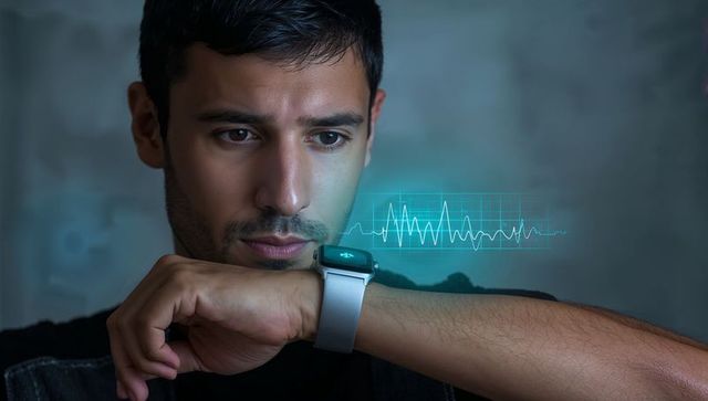 Man checking smartwatch with teal ecg hologram showing heart rate and wearable health data