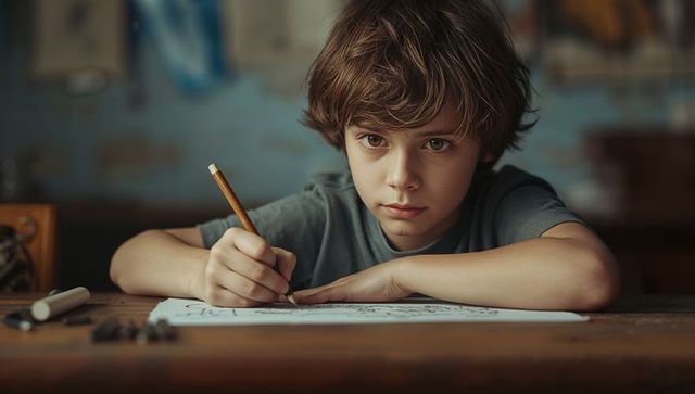Young boy engaged in creative sketching at home