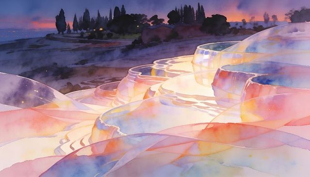 Pastel mineral terraces glowing at dusk, cascading misty pools and ethereal sunset light