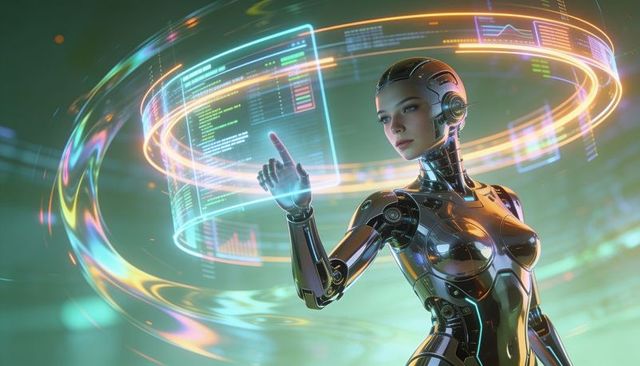 Female metallic android manipulating holographic rings and ui panels in neon cyber hub