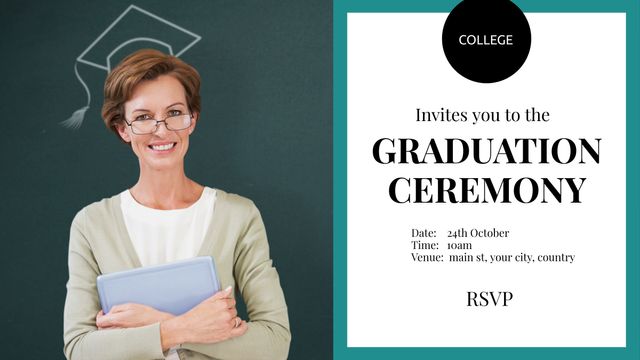Ideal for sending out formal graduation ceremony invitations. The image features a proud graduate, showcasing joy and accomplishment, making it perfect for end-of-academic-year celebrations or advertising educational events.