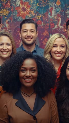 Vertical video of smiling diverse colleagues posing against floral tapestry for team portrait