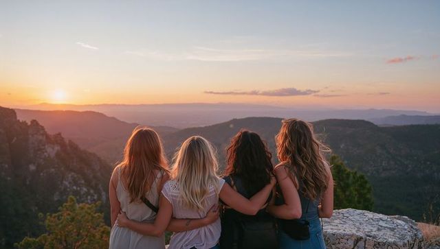 Four Friends Embracing at Sunset on Mountain Overlook Watching Panoramic Valley Horizon