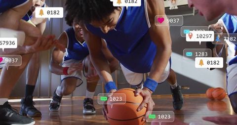 Basketball Player Dominating Court with Social Media Icons Overlay