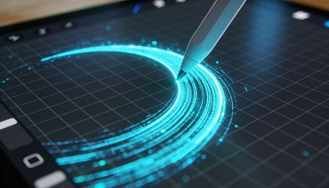 Drawing neon cyan arc with stylus on digital tablet grid, futuristic ui concept