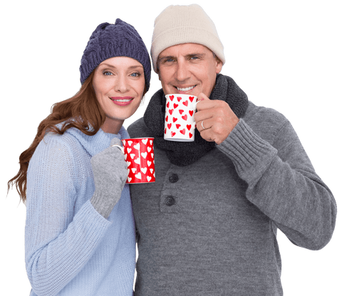 Smiling couple enjoying hot drink transparent background