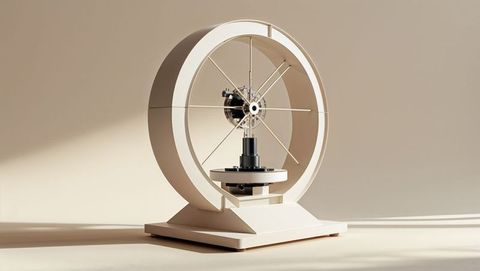 Futuristic circular device with metal spokes on beige platform, seismograph concept