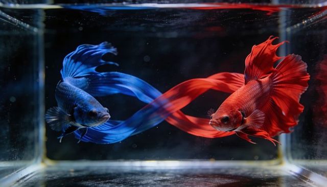 Cobalt and crimson betta fish spiraling fins crossing glass aquarium