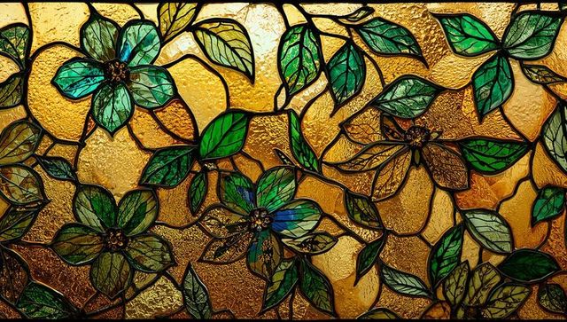 Ornate stained glass with teal flowers and green leaves