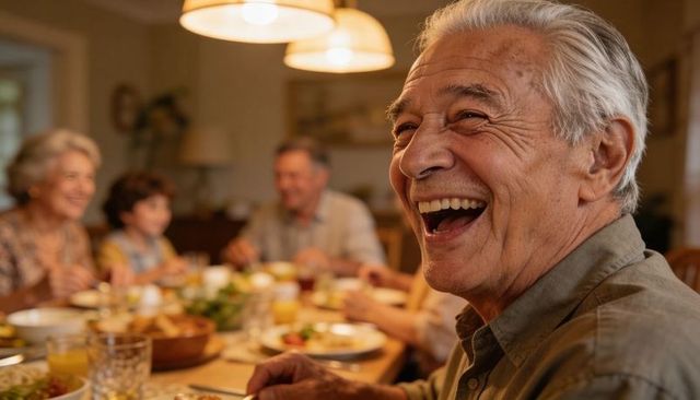 Laughing grandfather sharing warm multigenerational dinner around rustic wooden dining table