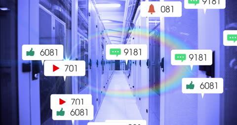 Social Media Notifications Floating in Data Server Room background