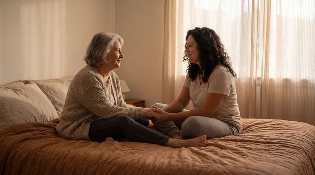 Elderly mother and adult daughter holding hands on bed showing comfort support bonding