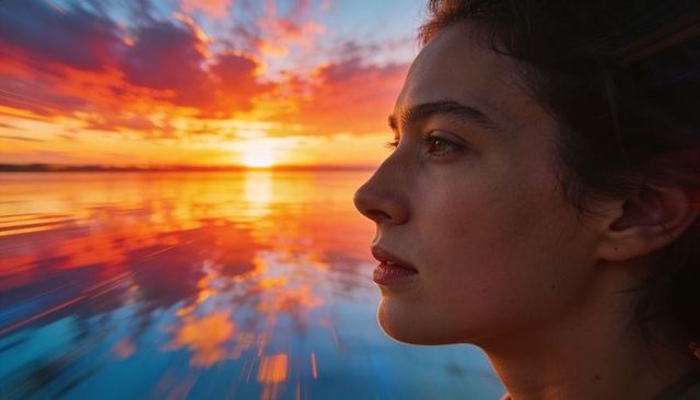 Woman gazing at glowing sunset over calm ocean with vivid reflections, contemplative