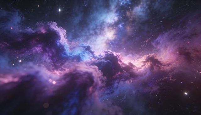 Vibrant purple blue nebula clouds swirling through luminous deep space milky way band