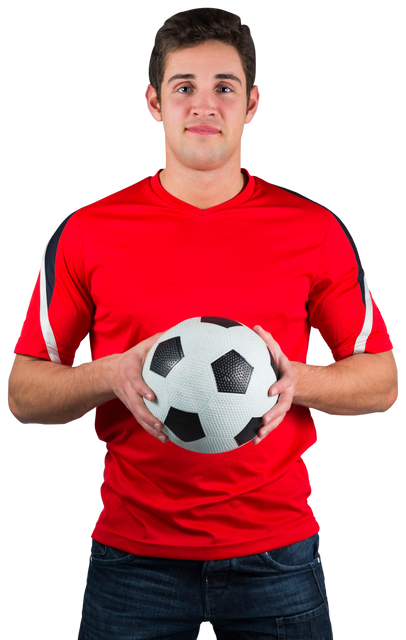 Young Man Wearing Red Jersey Holding Soccer Ball Isolated on Transparent Background - Download Free Stock Videos Pikwizard.com