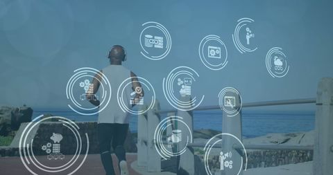 Digital Technology Integrates with Senior Running on Beach