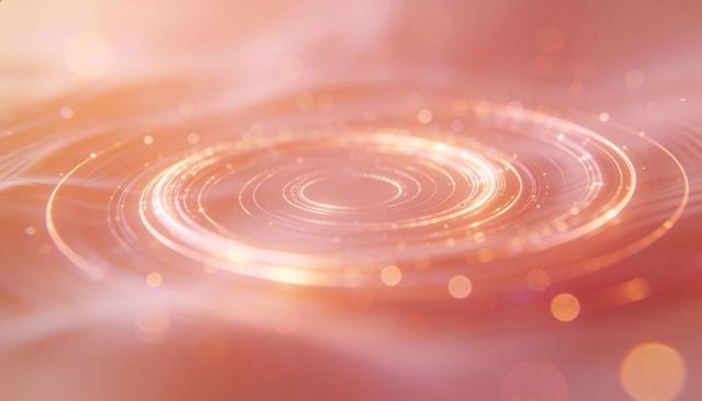 Soft pink glowing concentric rings forming luminous circular ripple with bokeh sparkles abstract