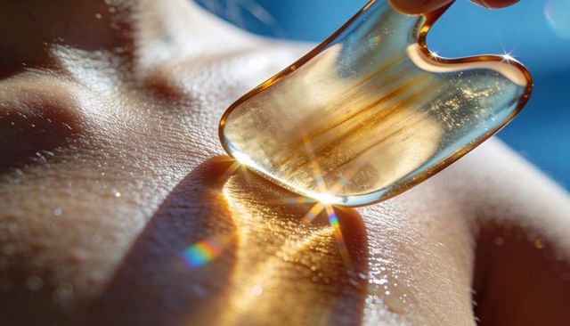 Golden gua sha tool gliding over oiled shoulder skin closeup with rainbow light macro