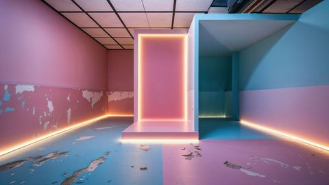 Neon-lit futuristic portal within abstract interior installation