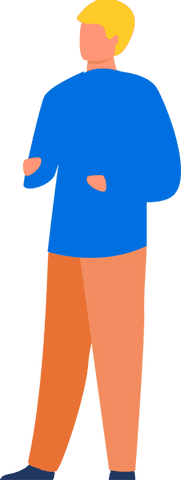 Minimalist figure in blue top and orange trousers transparent background