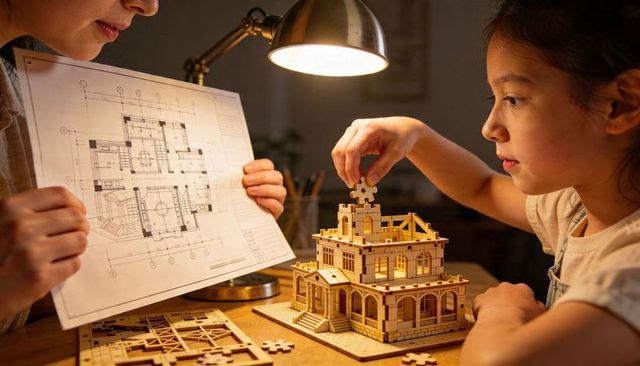 Child assembling laser cut wooden house model following blueprint under warm desk lamp