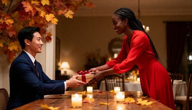 Exchanging gift during candlelit autumn dinner, couple sharing romantic rustic celebration