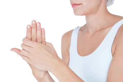 Woman Massaging Hands for Pain Relief on Transparent Background