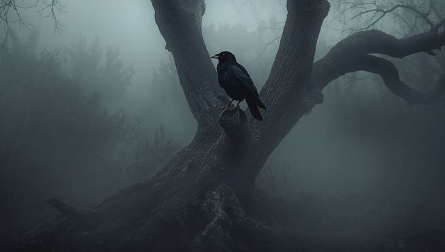 Solitary Black Crow on Gnarled Trunk in Mystical Misty Forest