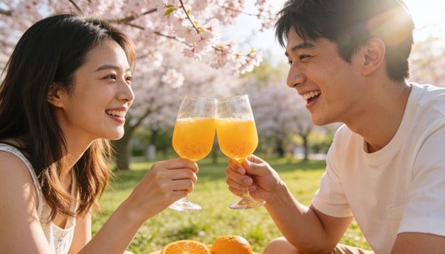Young couple toasting orange juice under cherry blossoms during romantic spring picnic