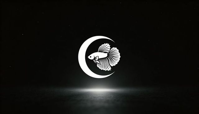 Crescent moon emblem featuring ornate betta fish silhouette on dark minimalist background