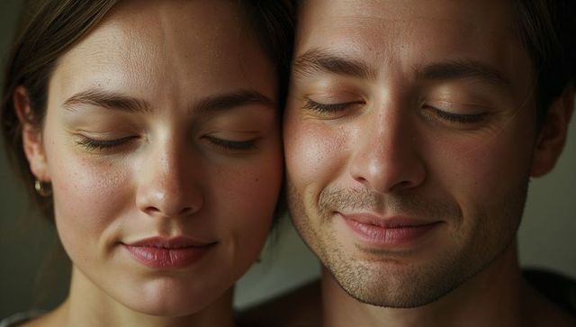 Closeup couple faces pressing eyes closed smiling wearing yellow eyeshadow hoop earring