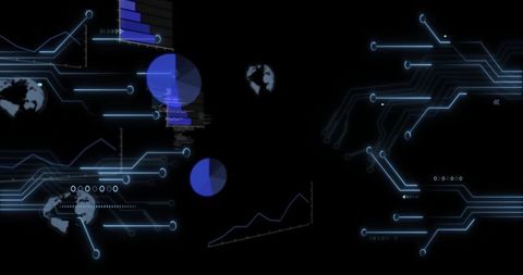 Neon blue circuit hud visualizing global data streams analytics charts network mapping