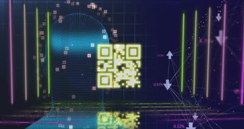 Futuristic Digital Heads with Blockchain QR Feeds